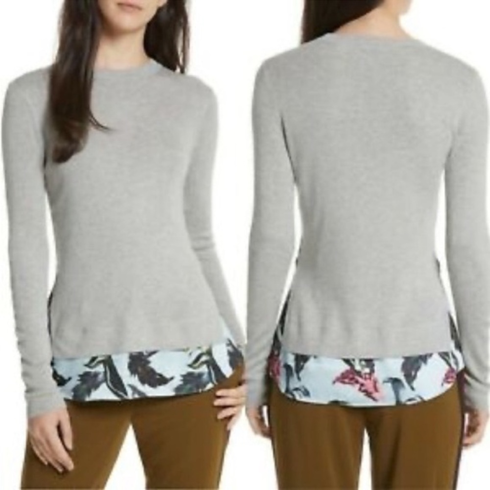 Gray Layered-Hem Crewneck Sweater